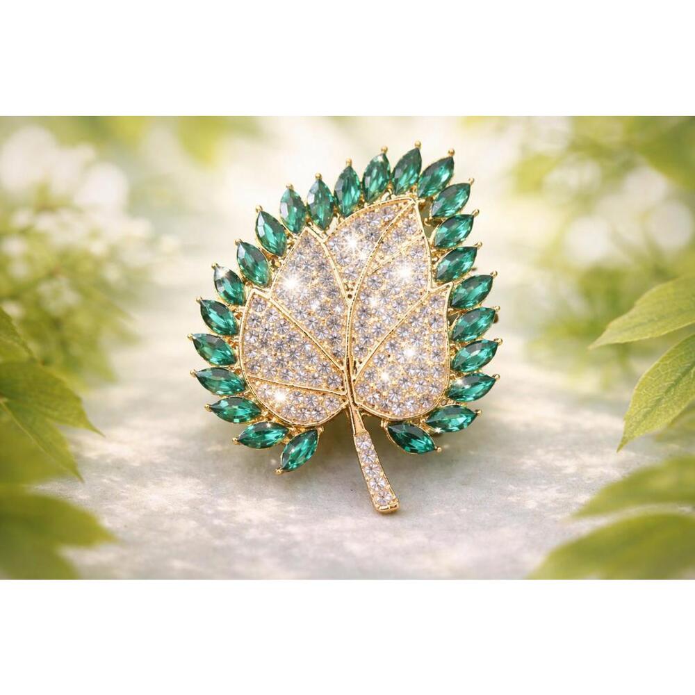 Emerald Green Clear Rhinestone Leaf Brooch Gold Tone, Sparkly FREE SHIPPING